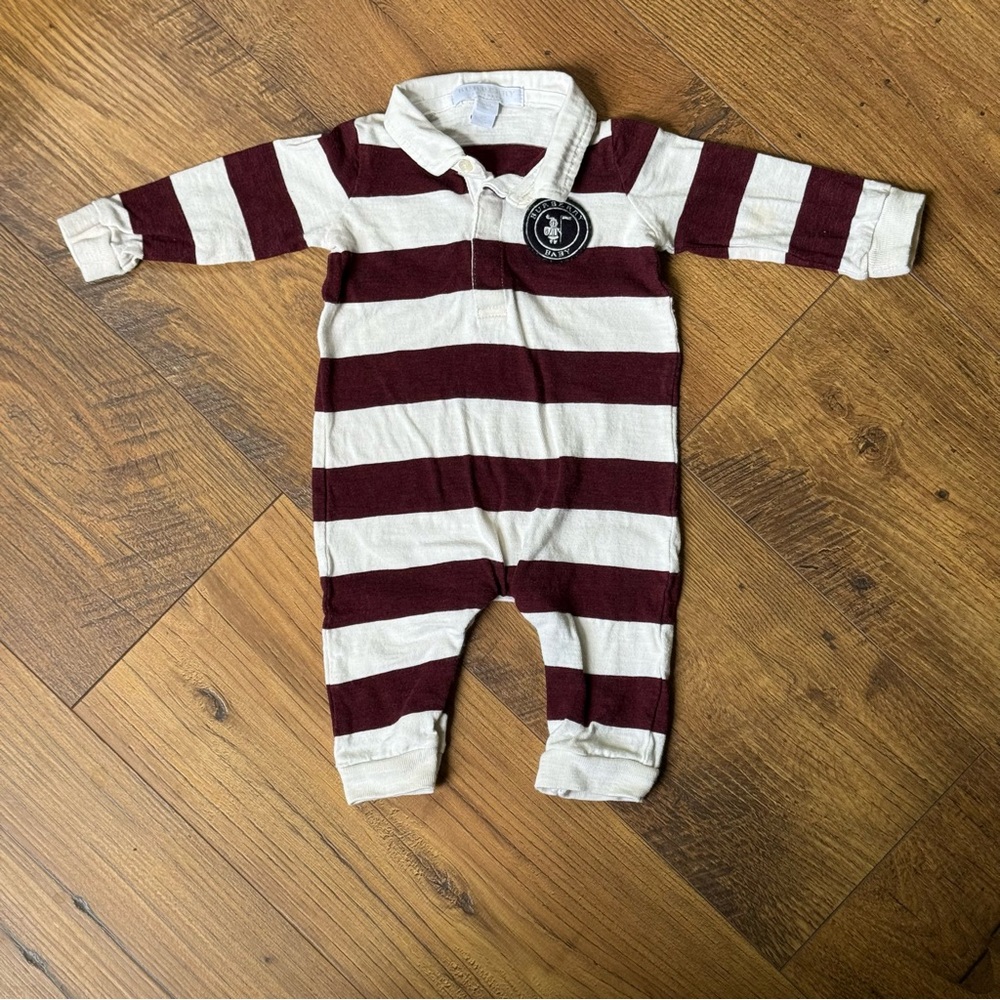 Burberry Rugby Burgundy and White Striped Collared Onesie